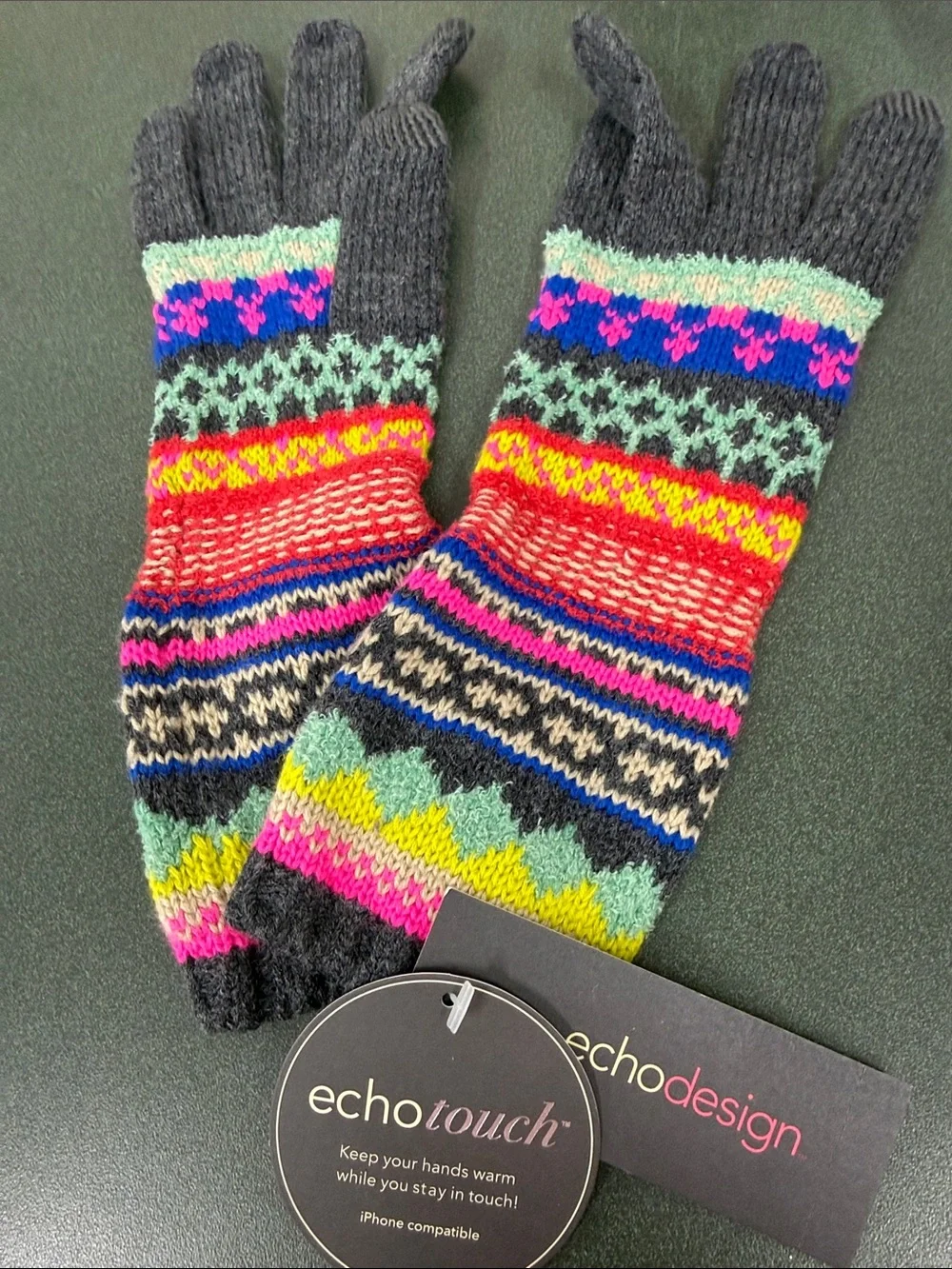 NWT Echotouch Women's Multicolor Fair Isle Knit Gloves - Gray Base
